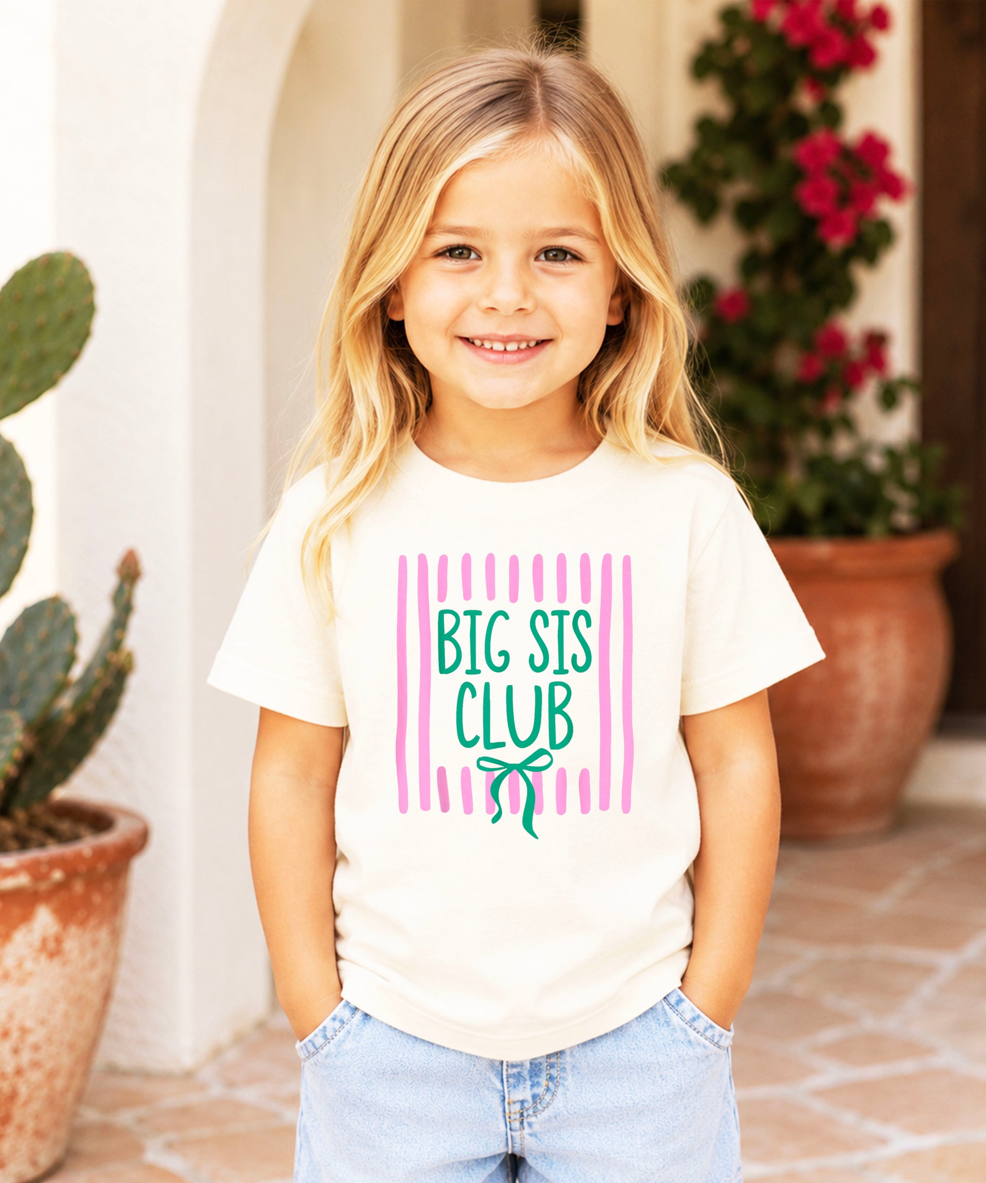 Big Sis Club coquette bow sibling reveal tee for girls in Natural, styled view
