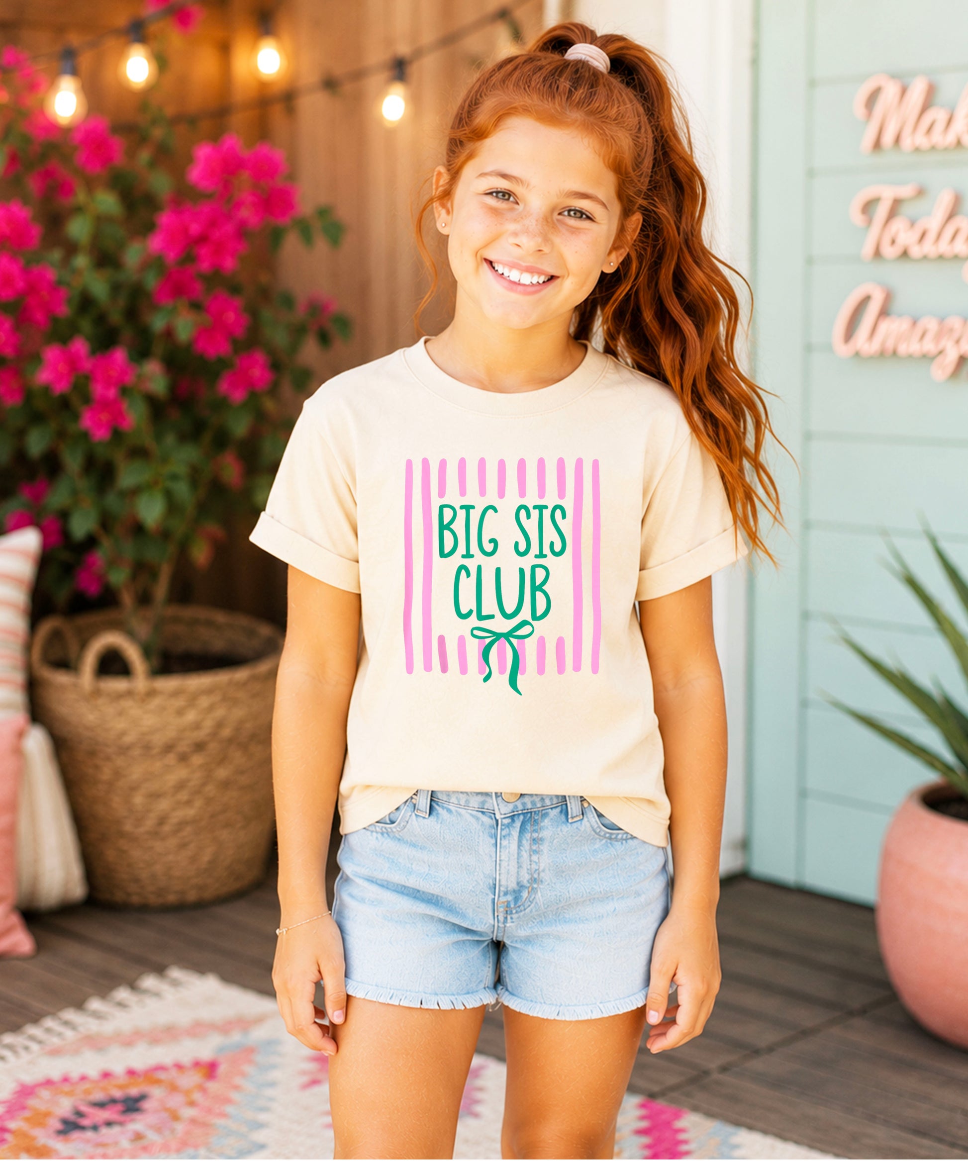 Big Sis Club coquette bow sibling reveal tee for girls in Natural, lifestyle view
