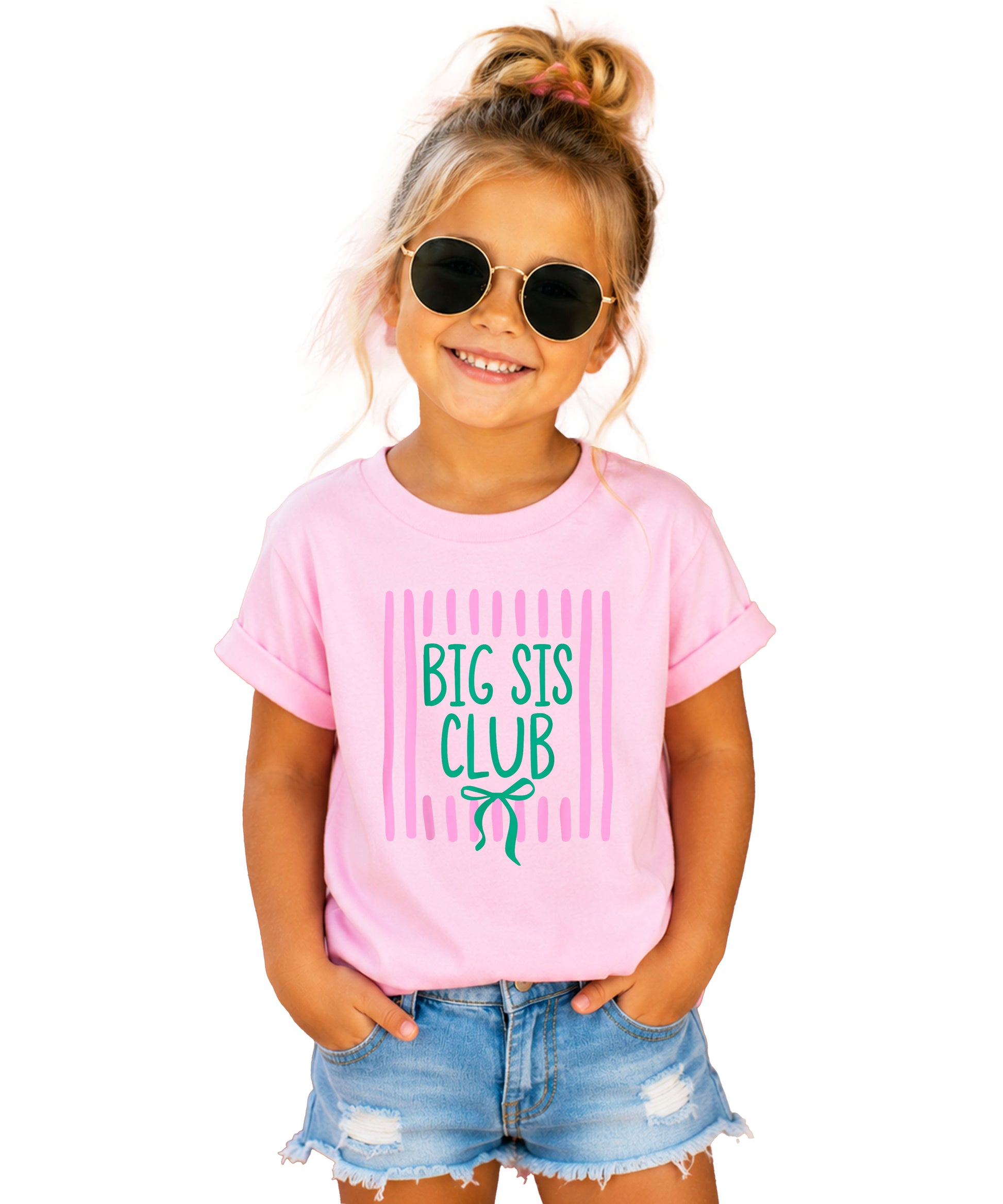 Big Sis Club coquette bow sibling reveal tee for girls in Pink, front view
