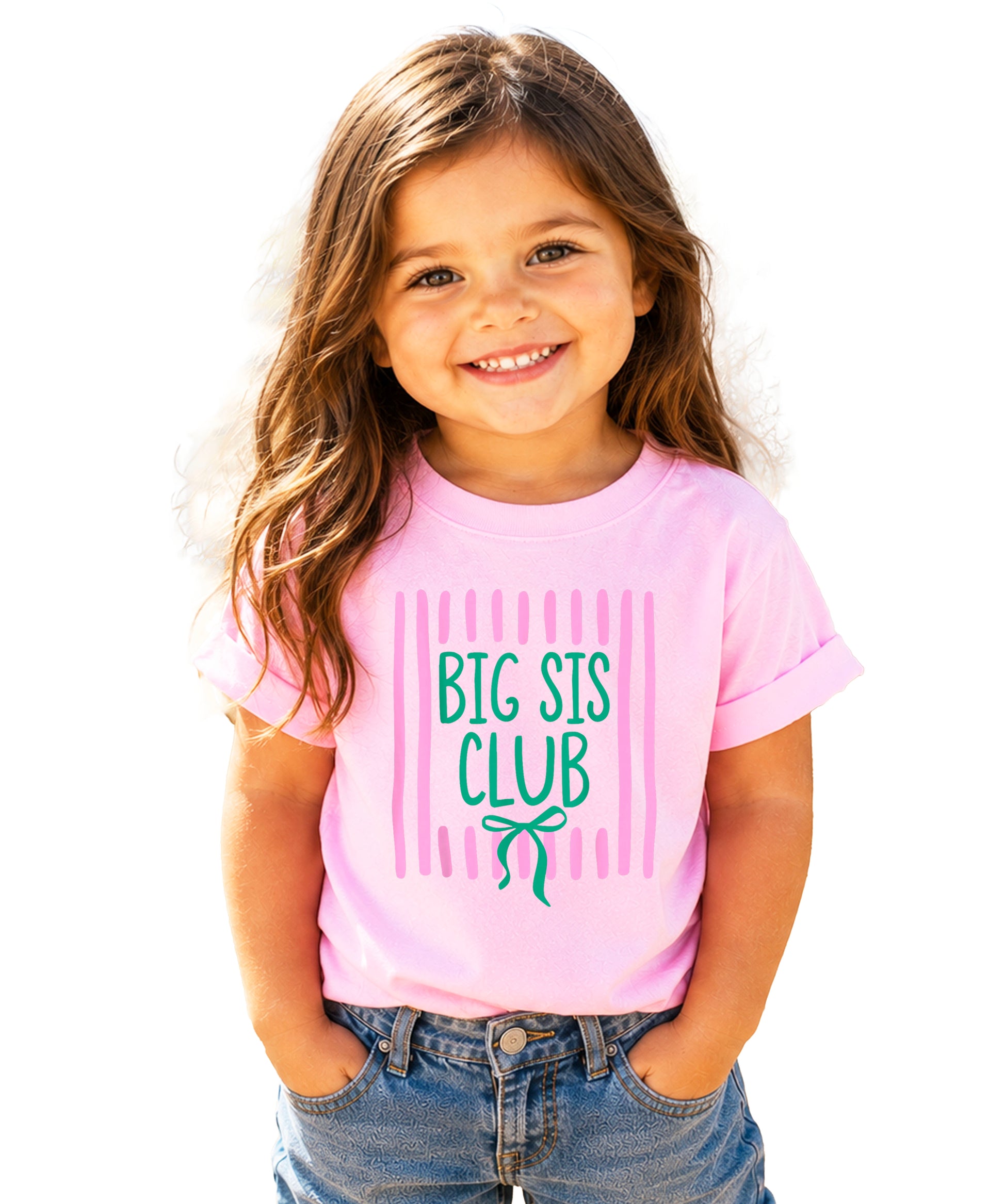 Big Sis Club coquette bow sibling reveal tee for girls in Pink, styled view