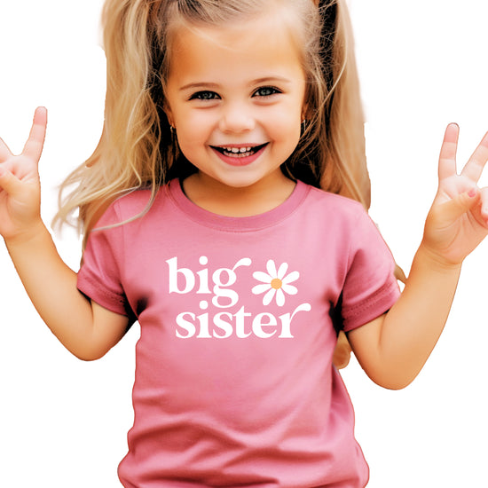 Big Sister Daisy sibling reveal tee for girls in Mauve, front view
