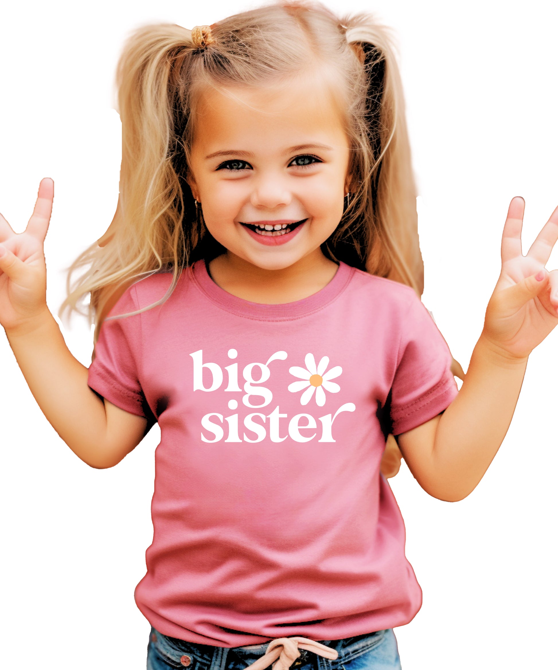 Big Sister Daisy sibling reveal tee for girls in Mauve, front view