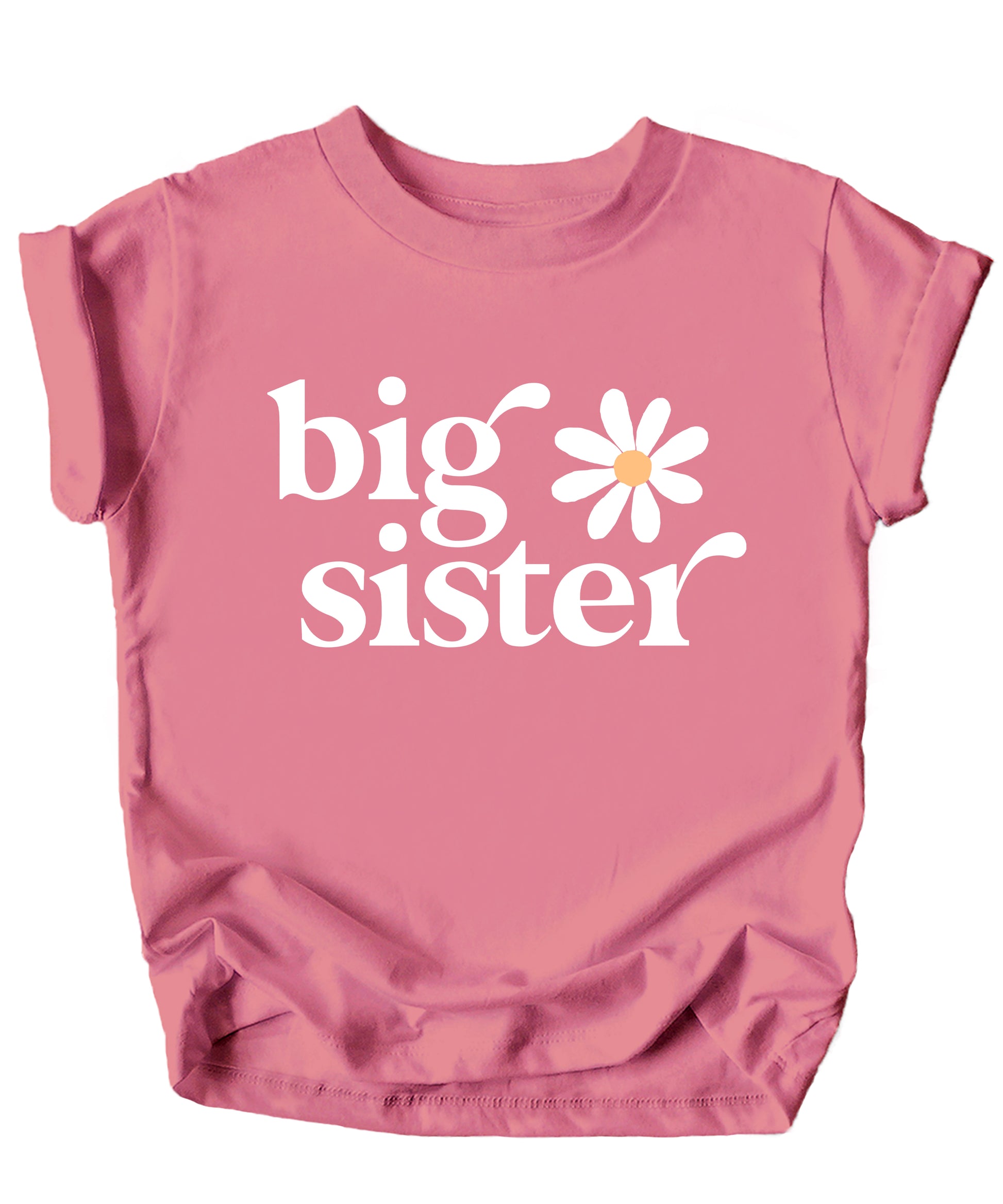 Big Sister Daisy sibling reveal tee for girls in Mauve, detail view