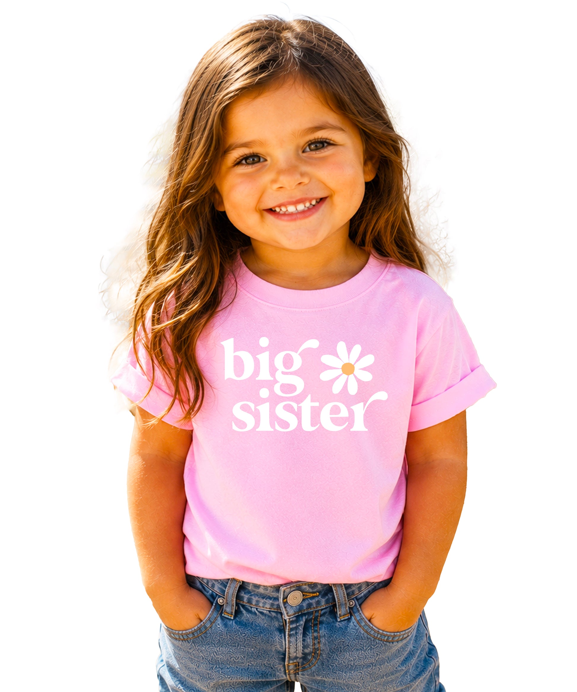 Big Sister Daisy sibling reveal tee for girls in Pink, front view