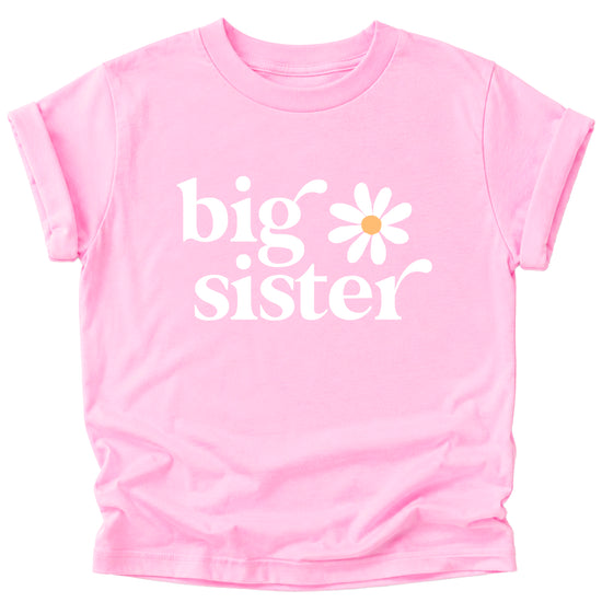 Big Sister Daisy sibling reveal tee for girls in Pink, detail view