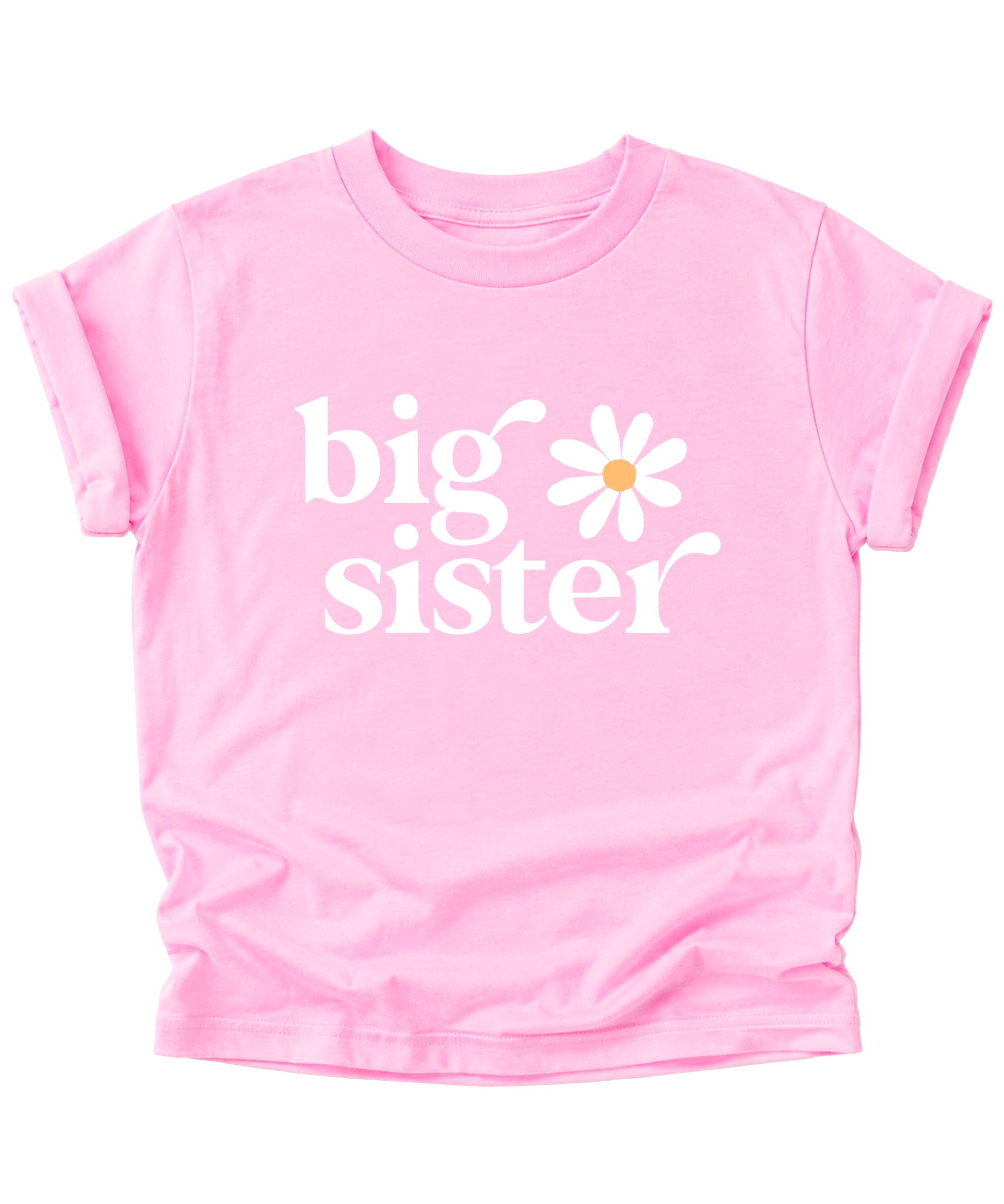 Big Sister Daisy sibling reveal tee for girls in Pink, detail view