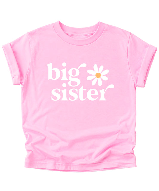 Big Sister Daisy sibling reveal tee for girls in Pink, detail view