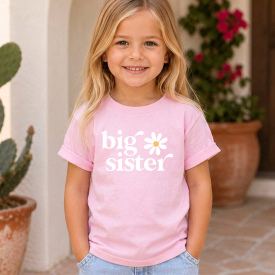 Big Sister Daisy sibling reveal tee for girls in Pink, lifestyle view