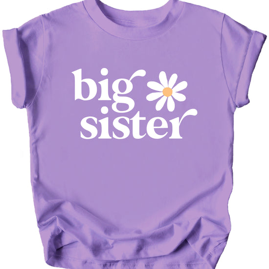 Big Sister Daisy sibling reveal tee for girls in Purple, detail view