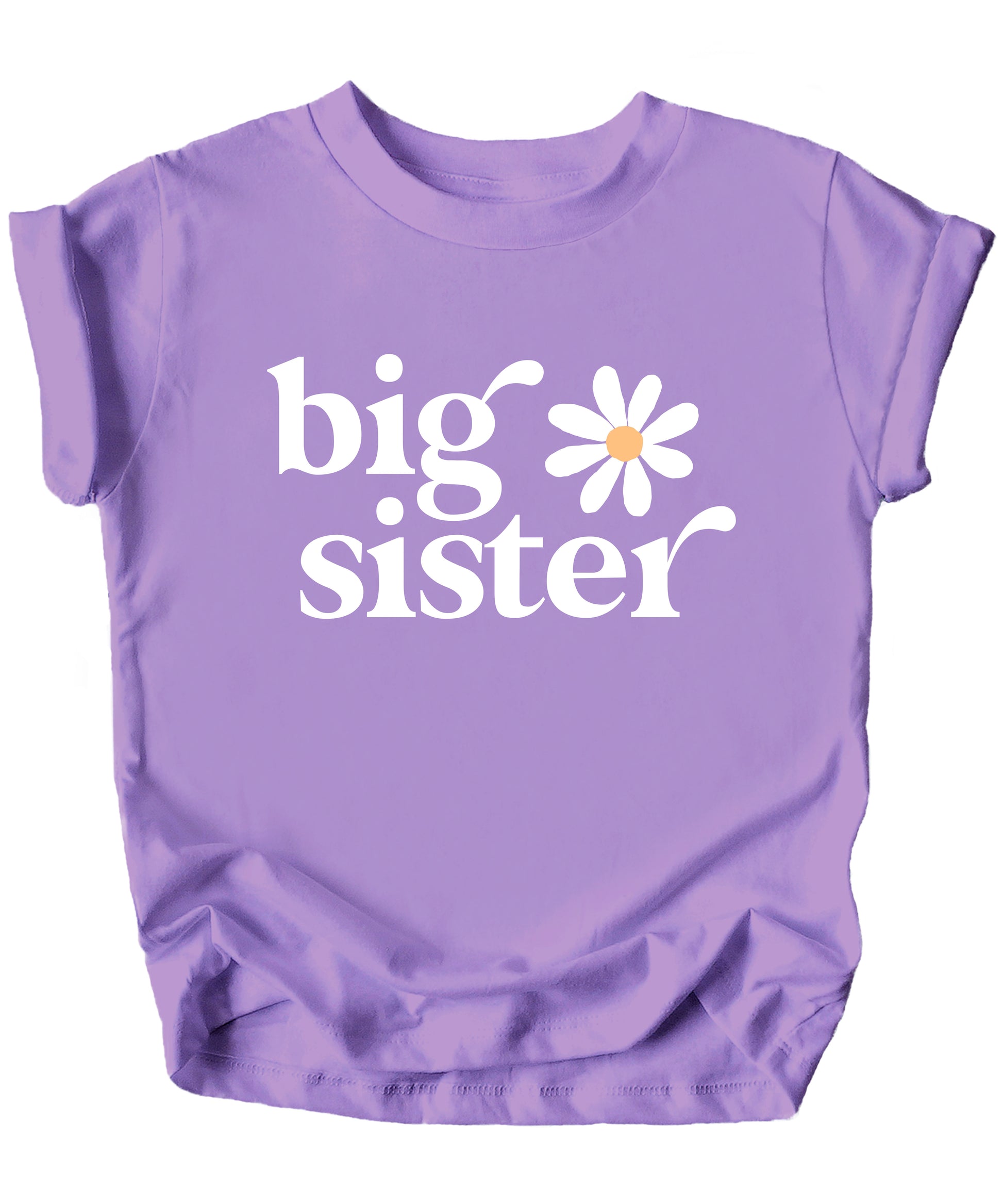 Big Sister Daisy sibling reveal tee for girls in Purple, detail view