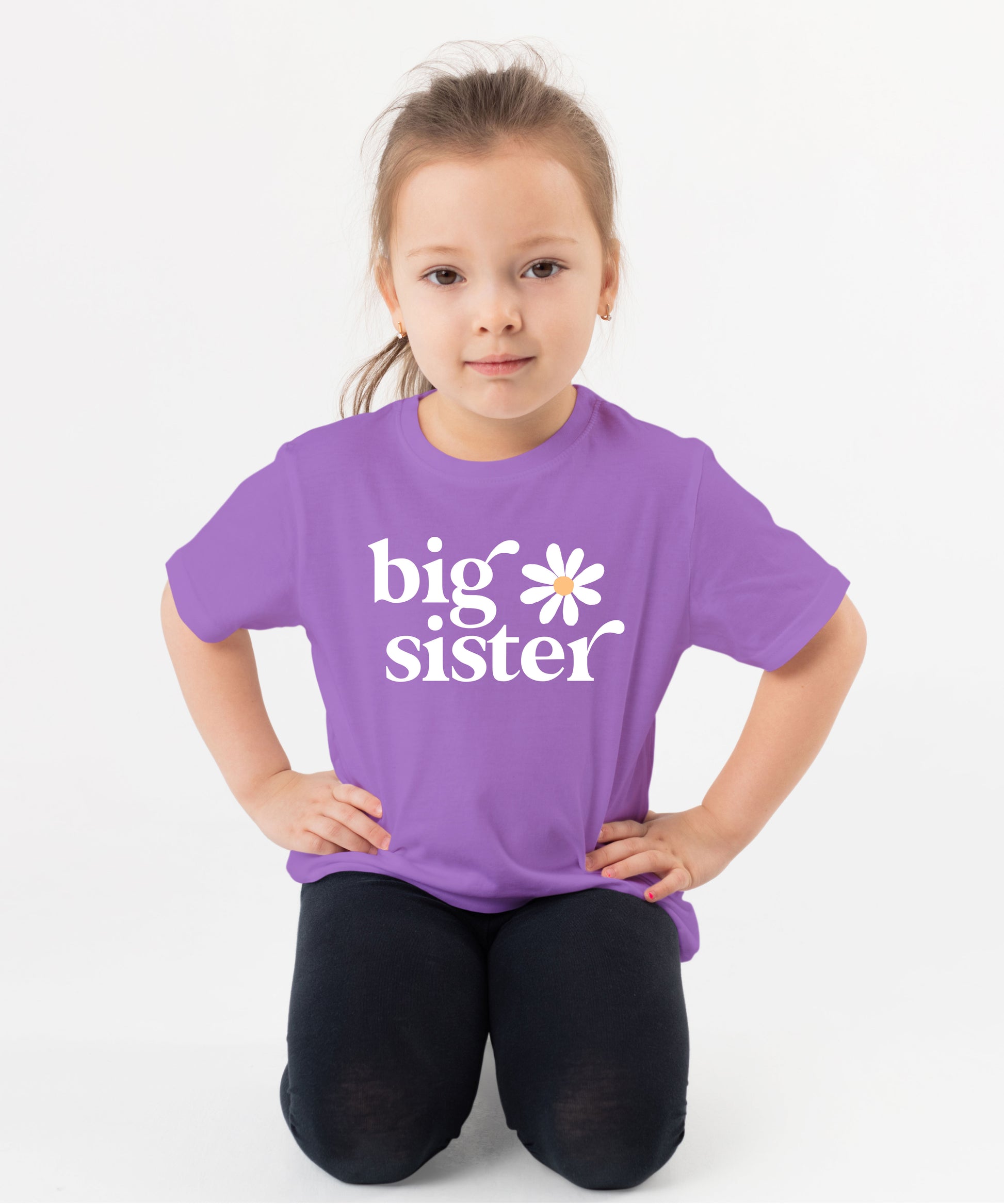 Big Sister Daisy sibling reveal tee for girls in Purple, styled view