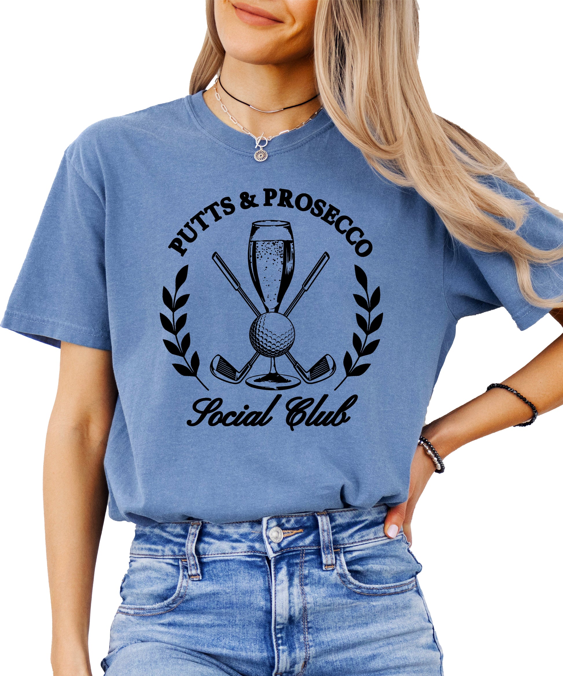 Putts and Prosecco Social Club golf t-shirt for women in Blue Jean, front view
