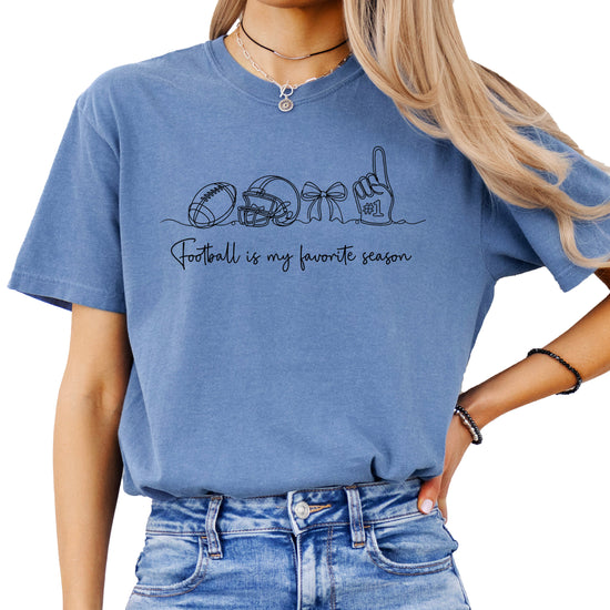 Football is My Favorite Season game day coquette bow Comfort Colors tee, Blue Jean Shirt, view 1