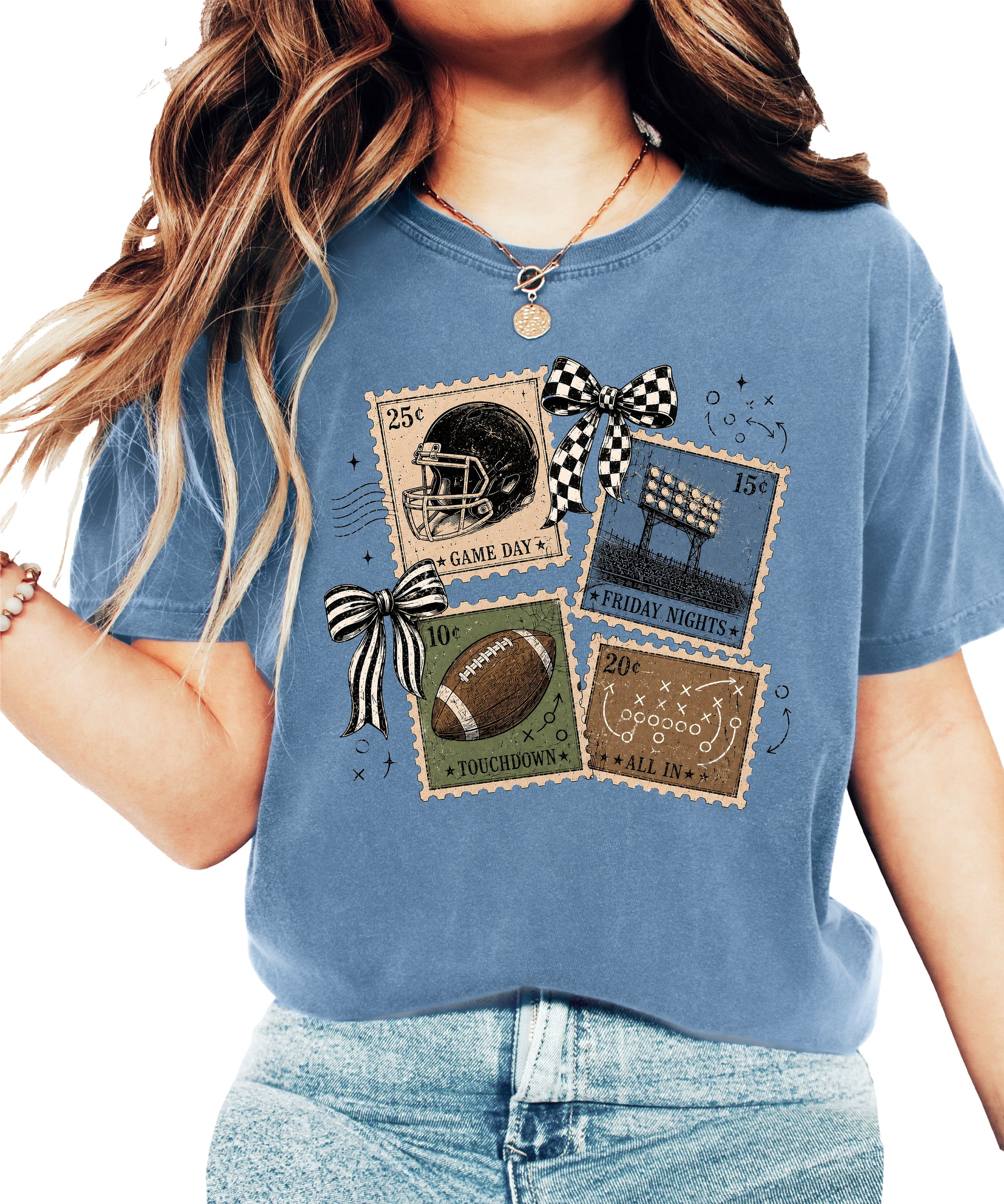Vintage Football Stamps Coquette Bow Comfort Colors tee in Blue Jean - front view
