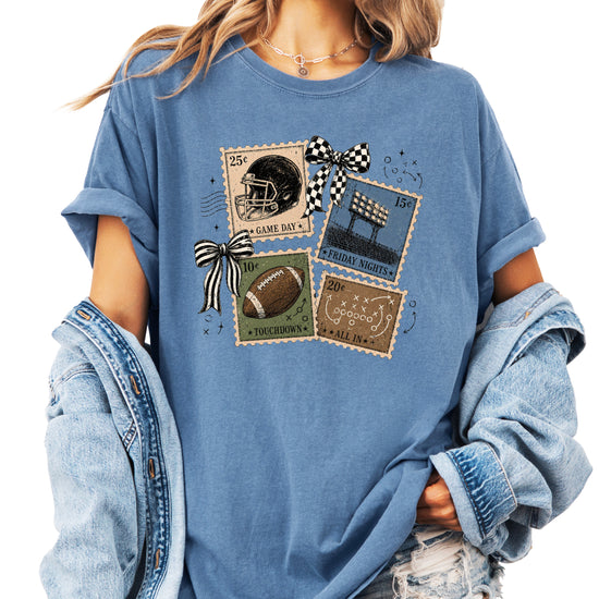 Vintage Football Stamps Coquette Bow Comfort Colors tee in Blue Jean - view 2