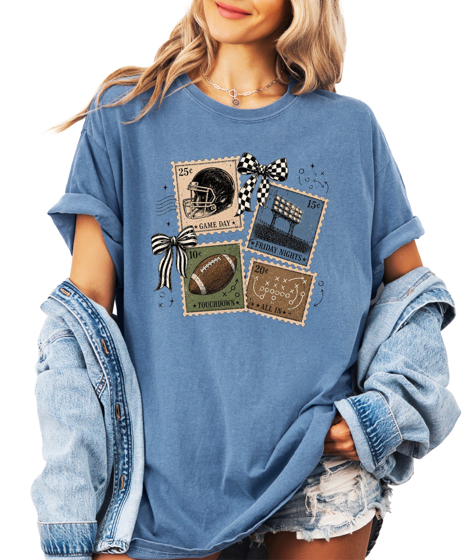 Vintage Football Stamps Coquette Bow Comfort Colors tee in Blue Jean - view 2
