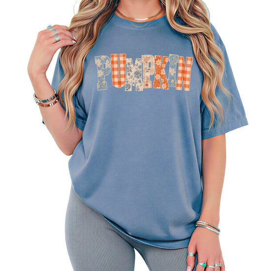 Pumpkin patch fall graphic tee for women in Blue Jean on Comfort Colors 1717, lifestyle view