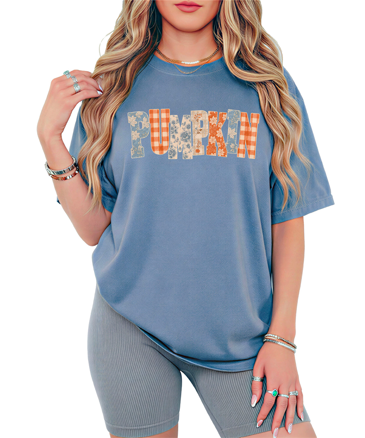 Pumpkin patch fall graphic tee for women in Blue Jean on Comfort Colors 1717, lifestyle view