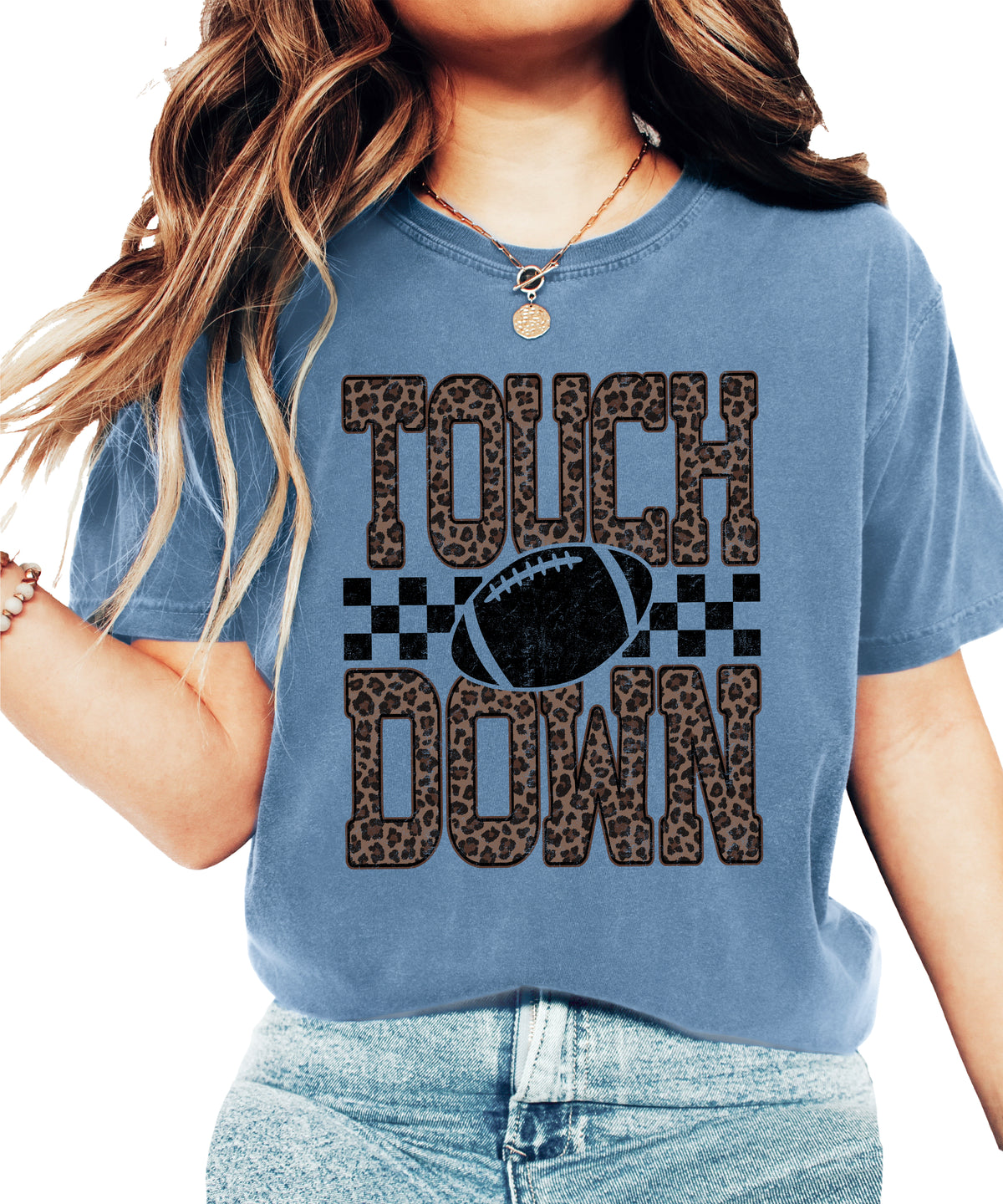 Leopard Print Touchdown Comfort Colors tee in Blue Jean - view 2