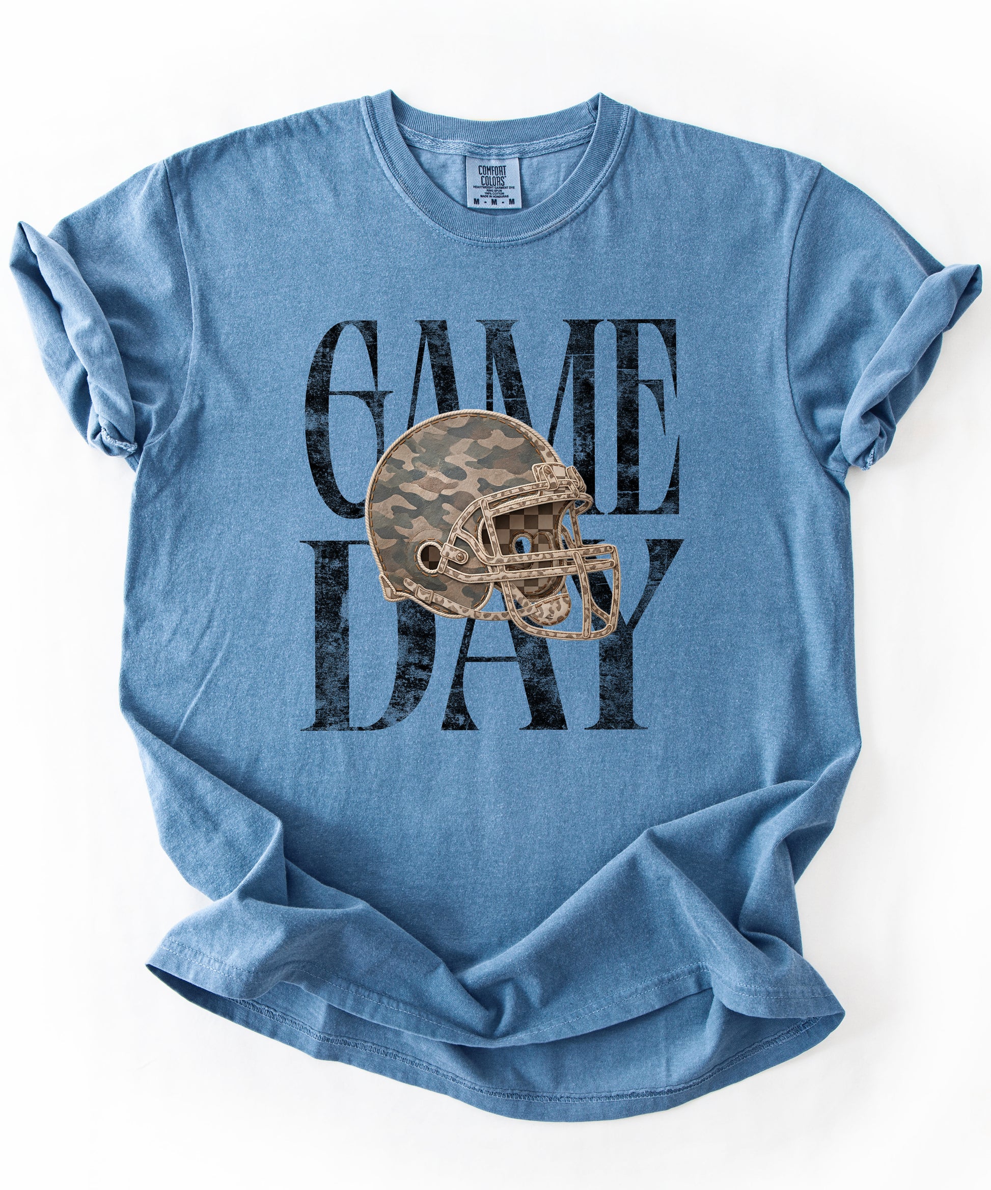 Blue Jean Shirt Game Day Camo Football Helmet Comfort Colors tee view 3 - Olive Loves Apple