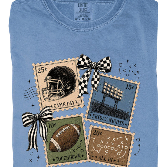 Vintage Football Stamps Coquette Bow Comfort Colors tee in Blue Jean - view 3