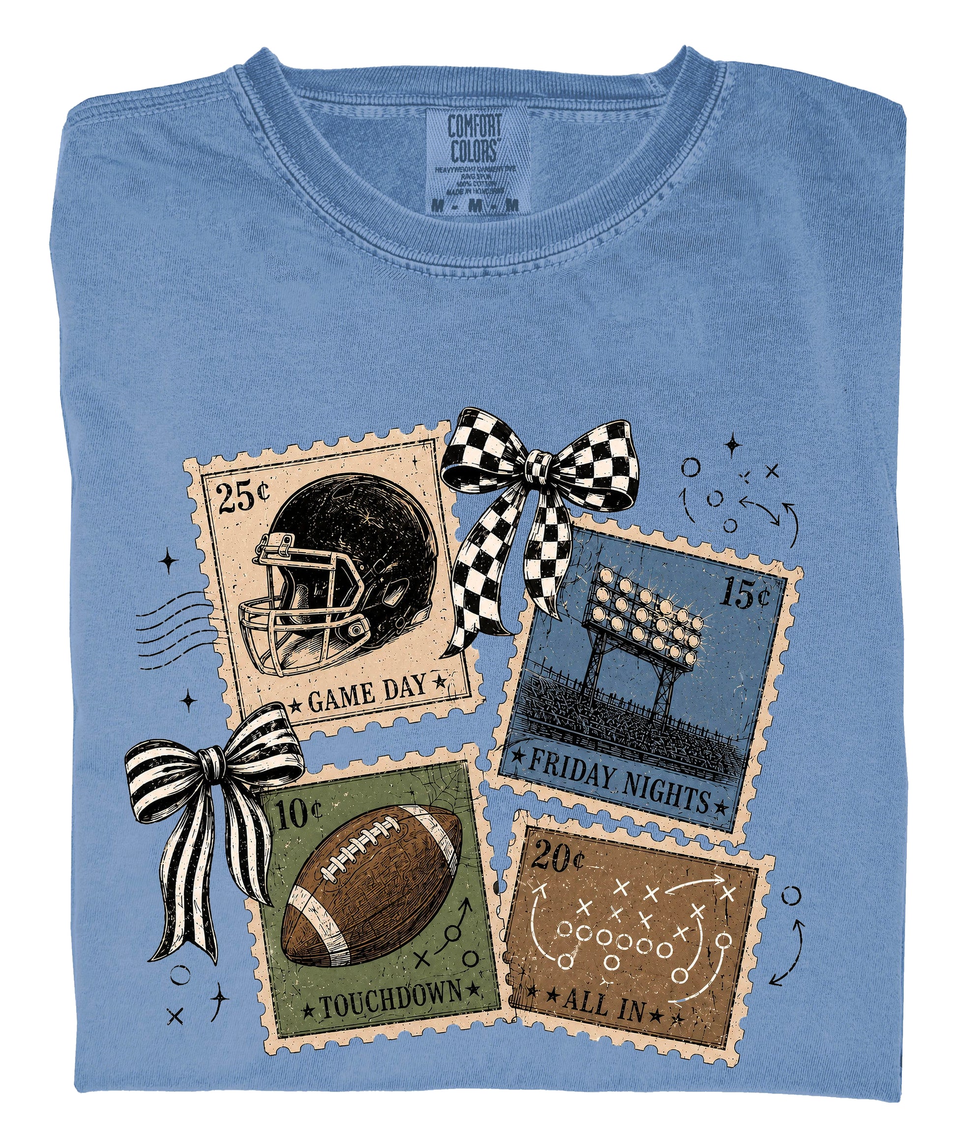Vintage Football Stamps Coquette Bow Comfort Colors tee in Blue Jean - view 3