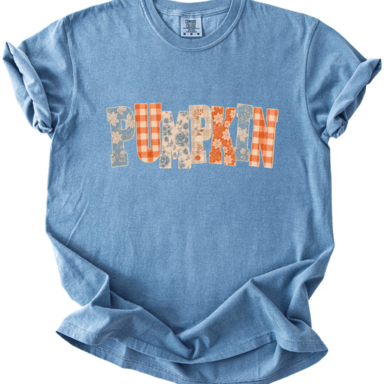 Pumpkin patch fall graphic tee for women in Blue Jean on Comfort Colors 1717, flat lay detail