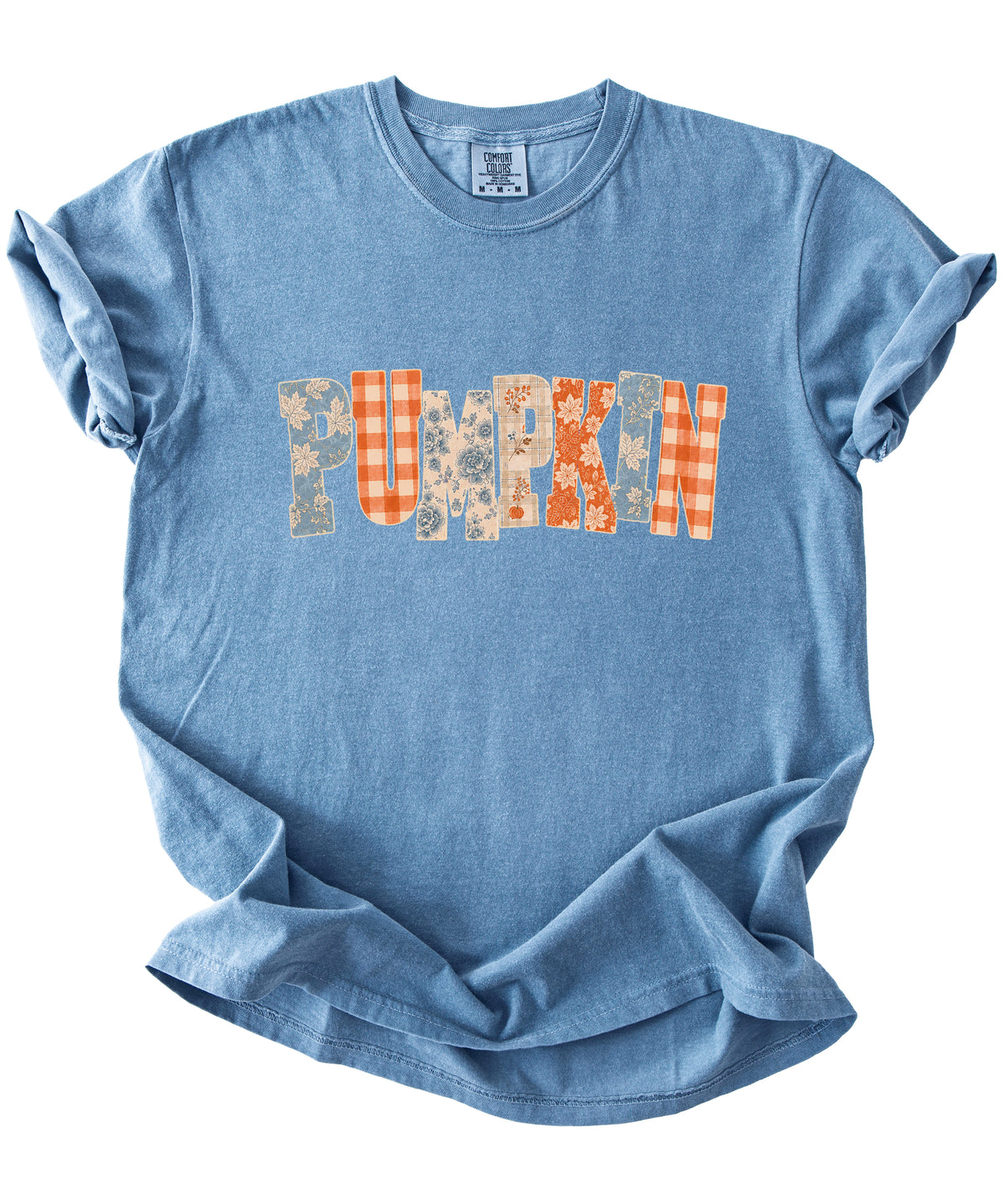 Pumpkin patch fall graphic tee for women in Blue Jean on Comfort Colors 1717, flat lay detail