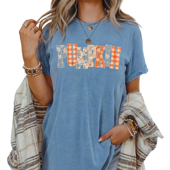Pumpkin patch fall graphic tee for women in Blue Jean on Comfort Colors 1717, back view