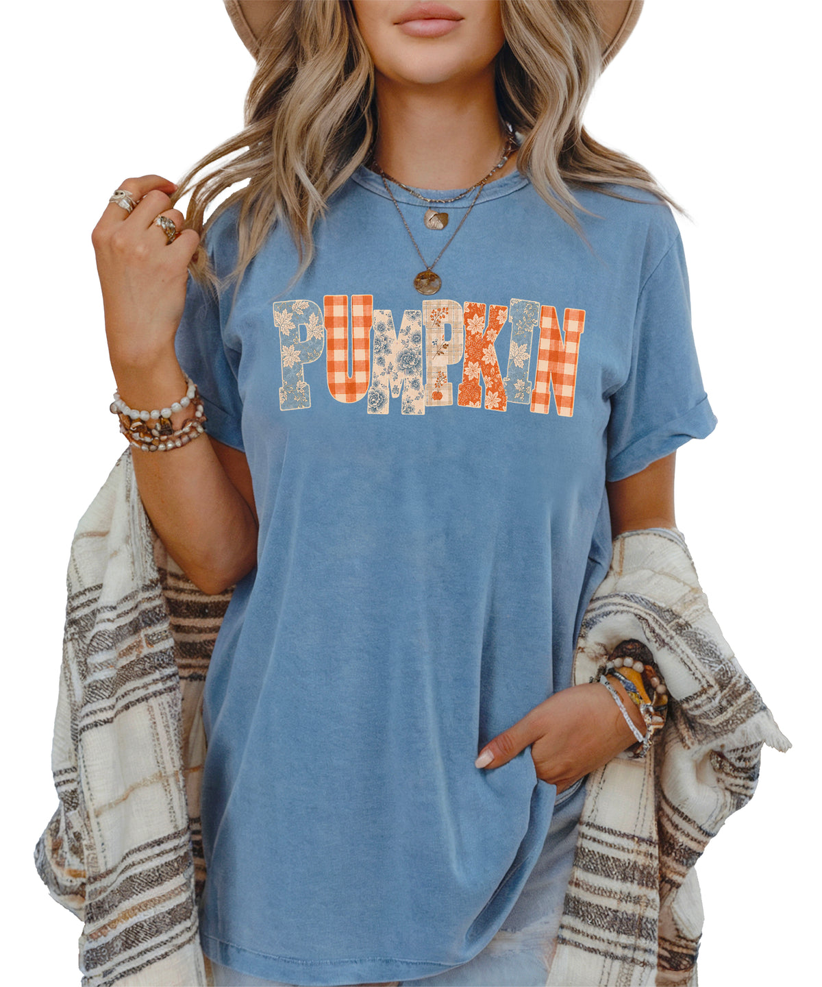 Pumpkin patch fall graphic tee for women in Blue Jean on Comfort Colors 1717, back view