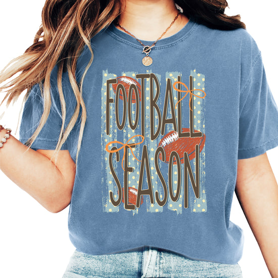 Football Season coquette bow Comfort Colors tee in Blue Jean - view 4