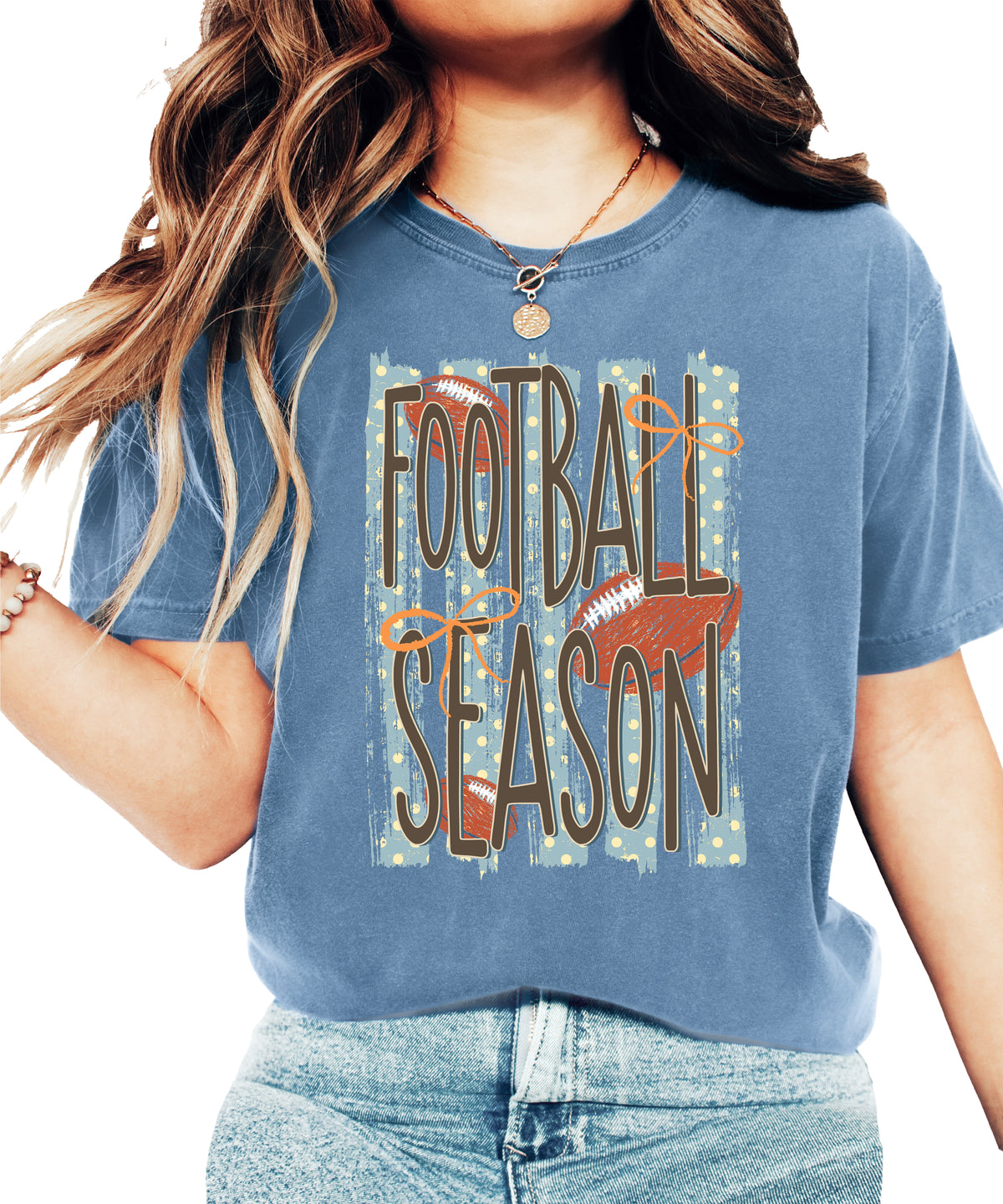 Football Season coquette bow Comfort Colors tee in Blue Jean - view 4