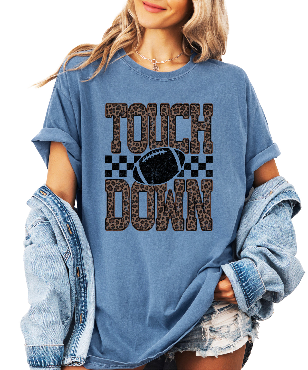 Leopard Print Touchdown Comfort Colors tee in Blue Jean - view 4