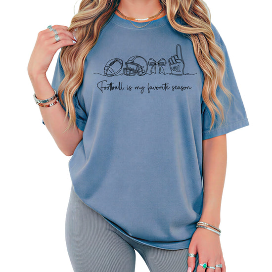 Football is My Favorite Season game day coquette bow Comfort Colors tee, Blue Jean Shirt, view 4