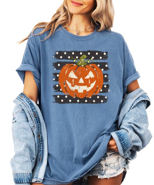 Retro jack-o-lantern pumpkin Halloween graphic tee in Blue Jean, Comfort Colors 1717, view 4