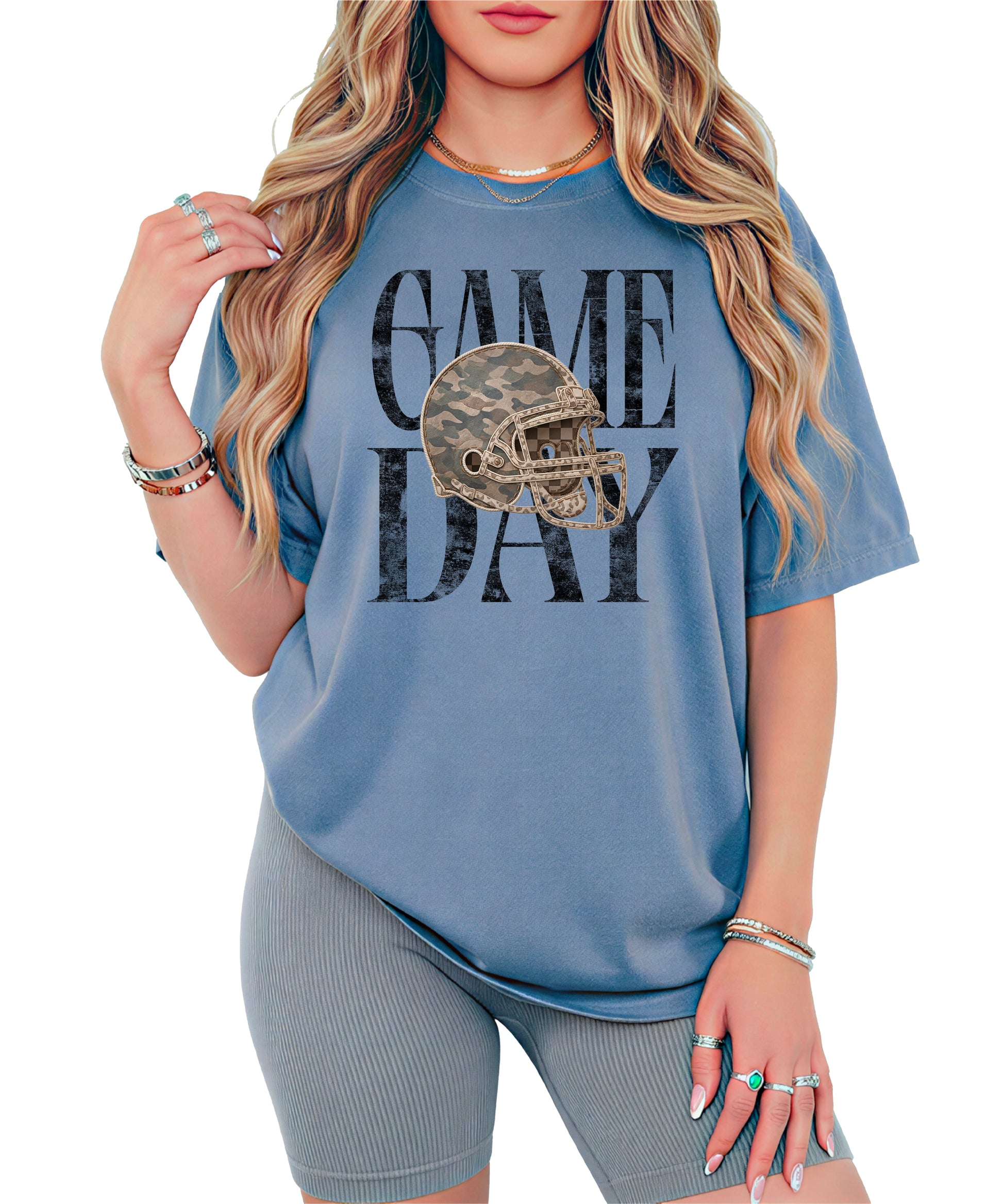 Blue Jean Shirt Game Day Camo Football Helmet Comfort Colors tee view 4 - Olive Loves Apple