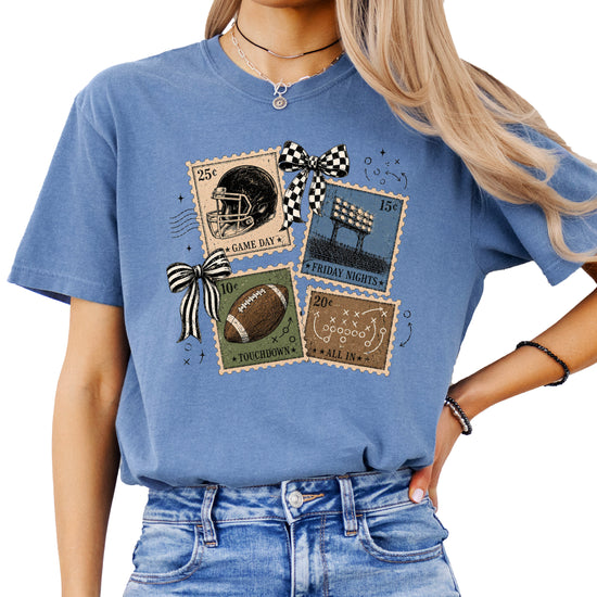 Vintage Football Stamps Coquette Bow Comfort Colors tee in Blue Jean - view 4