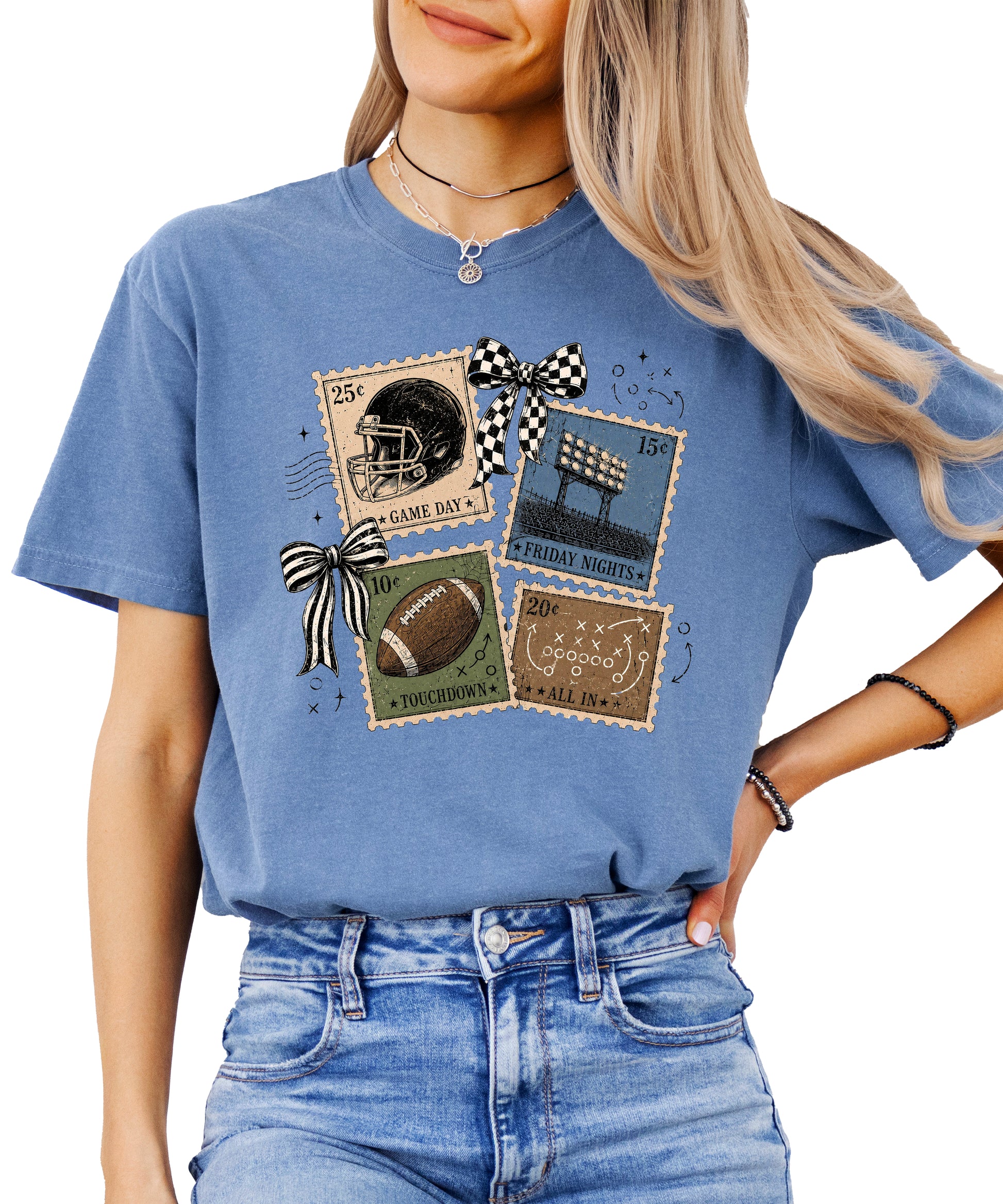 Vintage Football Stamps Coquette Bow Comfort Colors tee in Blue Jean - view 4
