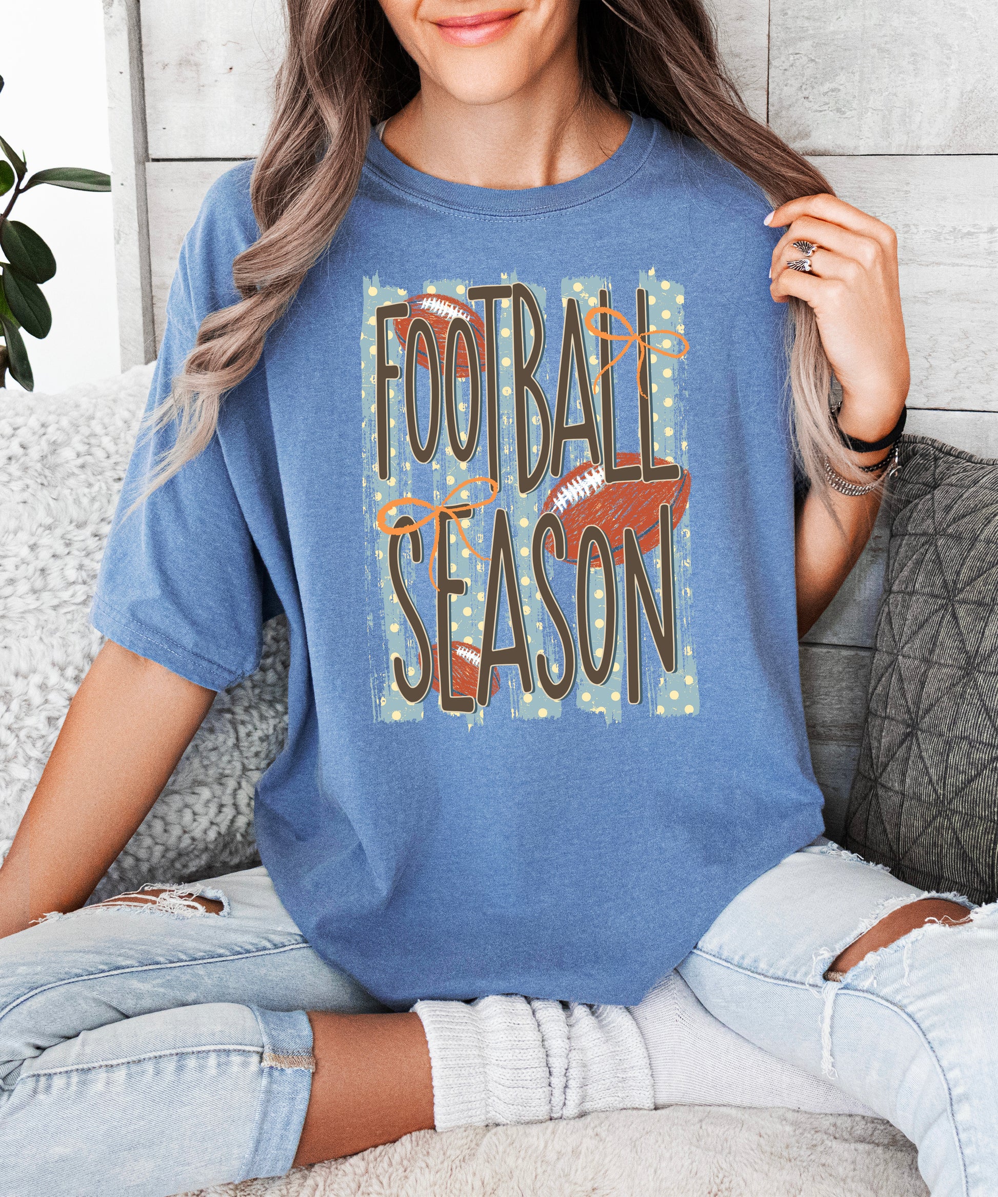 Football Season coquette bow Comfort Colors tee in Blue Jean - view 5