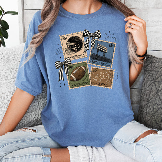 Vintage Football Stamps Coquette Bow Comfort Colors tee in Blue Jean - view 5