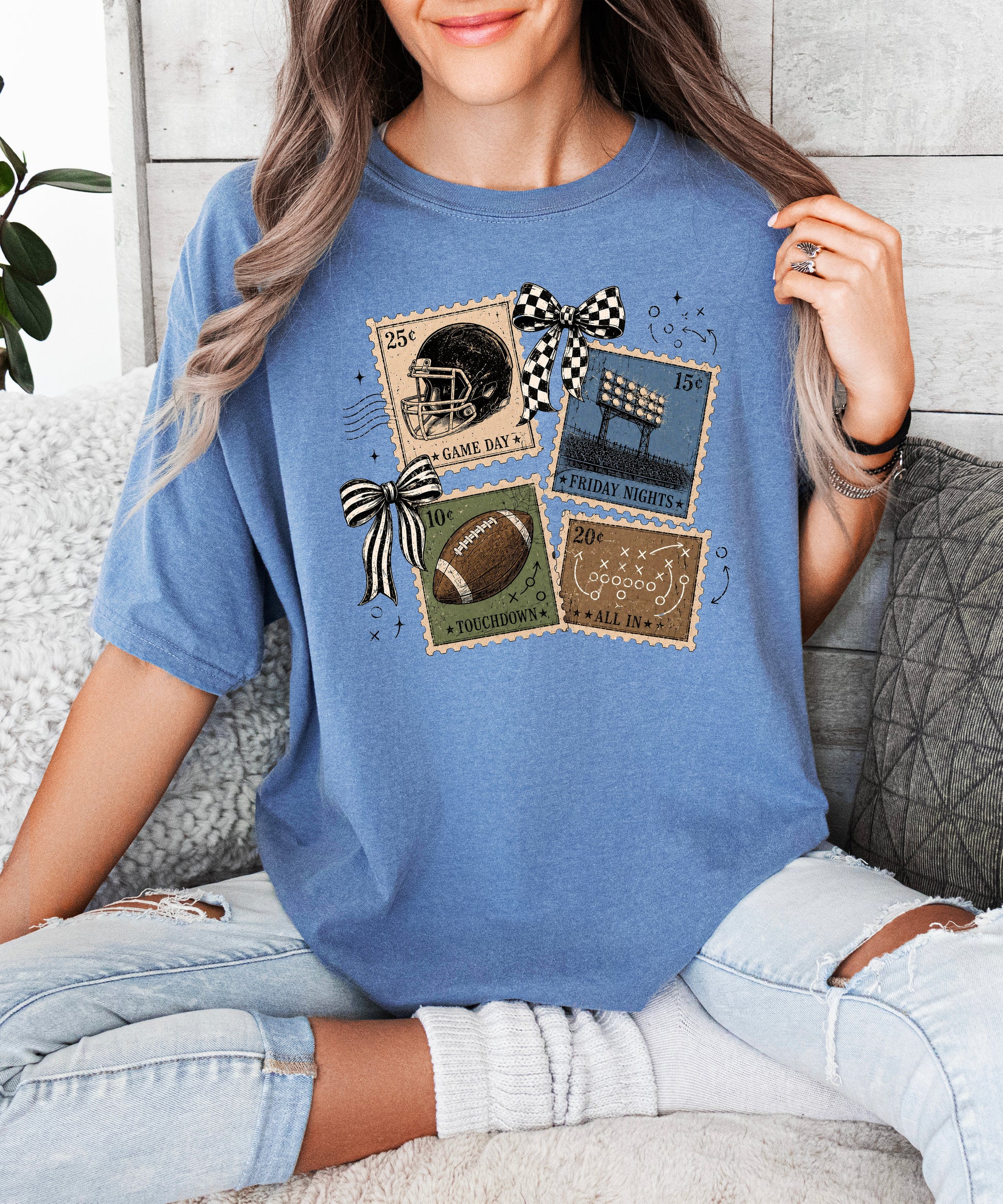 Vintage Football Stamps Coquette Bow Comfort Colors tee in Blue Jean - view 5