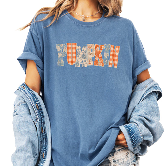 Pumpkin patch fall graphic tee for women in Blue Jean on Comfort Colors 1717, styled view