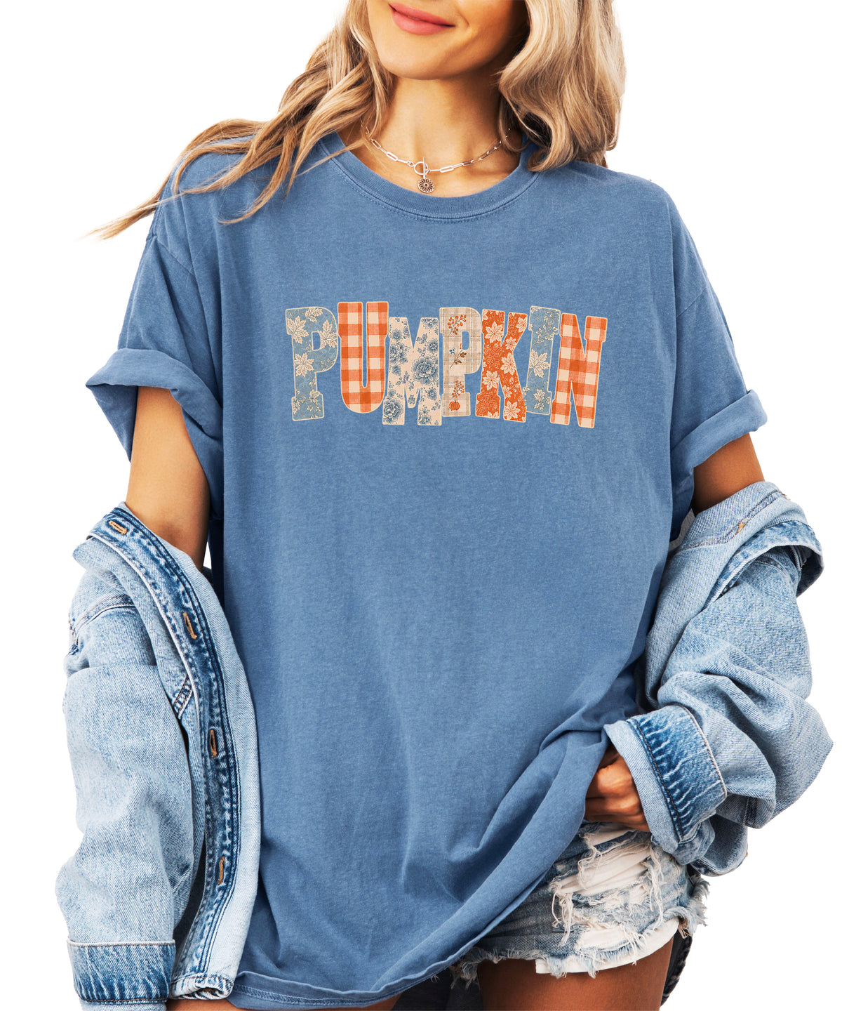 Pumpkin patch fall graphic tee for women in Blue Jean on Comfort Colors 1717, styled view