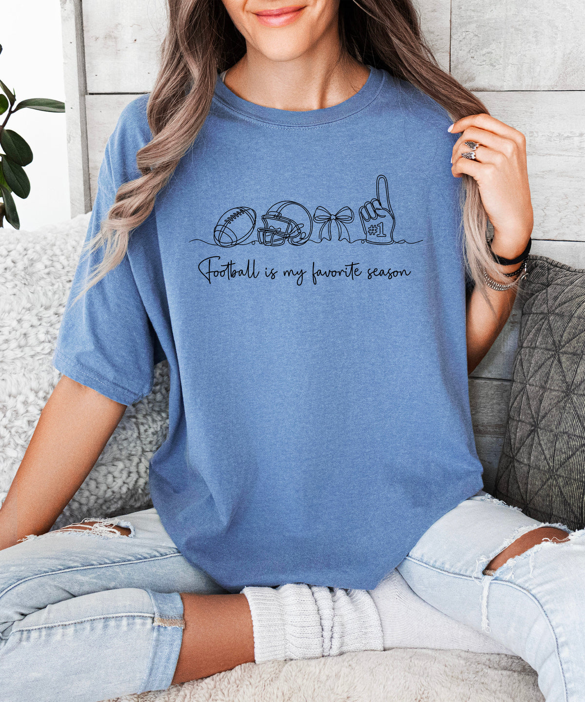 Football is My Favorite Season game day coquette bow Comfort Colors tee, Blue Jean Shirt, view 5
