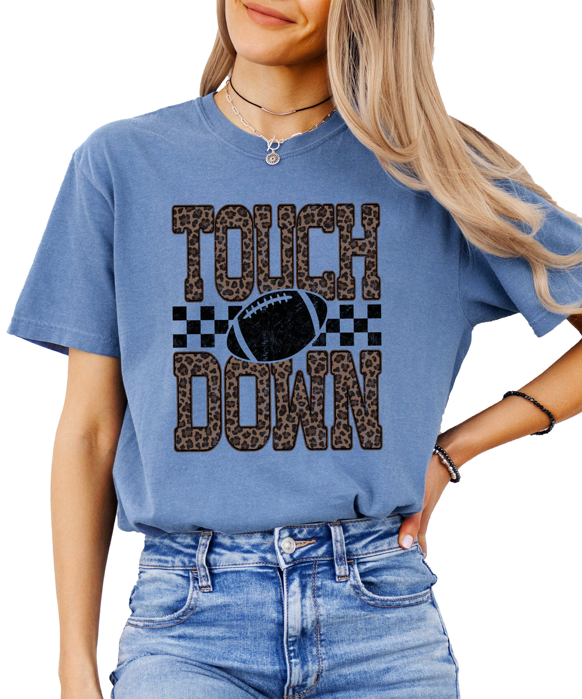 Leopard Print Touchdown Comfort Colors tee in Blue Jean - view 5