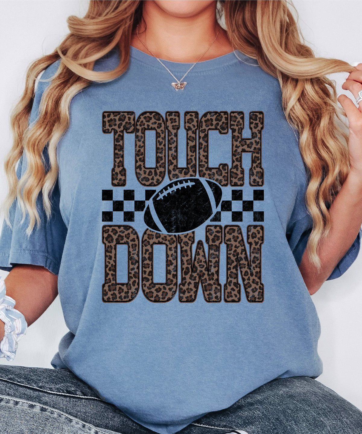 Leopard Print Touchdown Comfort Colors tee in Blue Jean - view 6