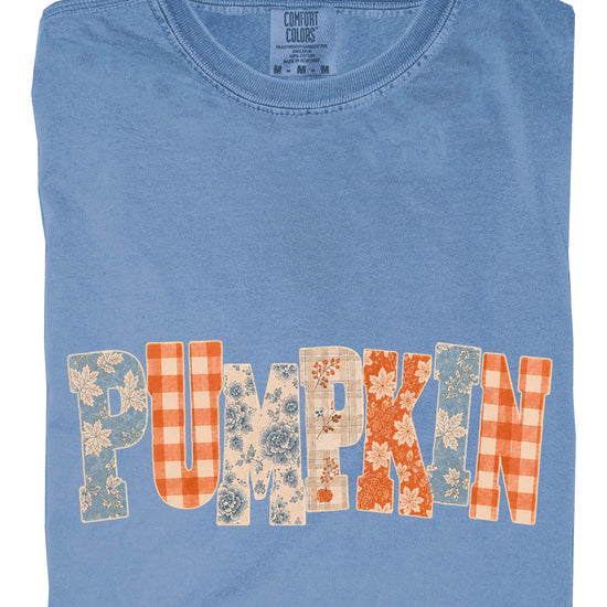 Pumpkin patch fall graphic tee for women in Blue Jean on Comfort Colors 1717, close-up detail