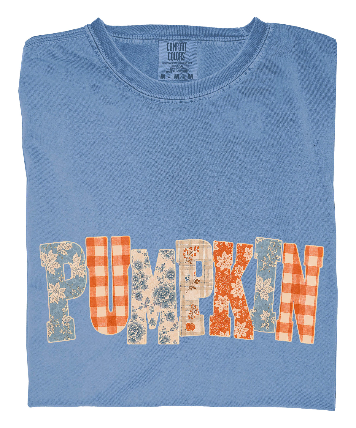 Pumpkin patch fall graphic tee for women in Blue Jean on Comfort Colors 1717, close-up detail