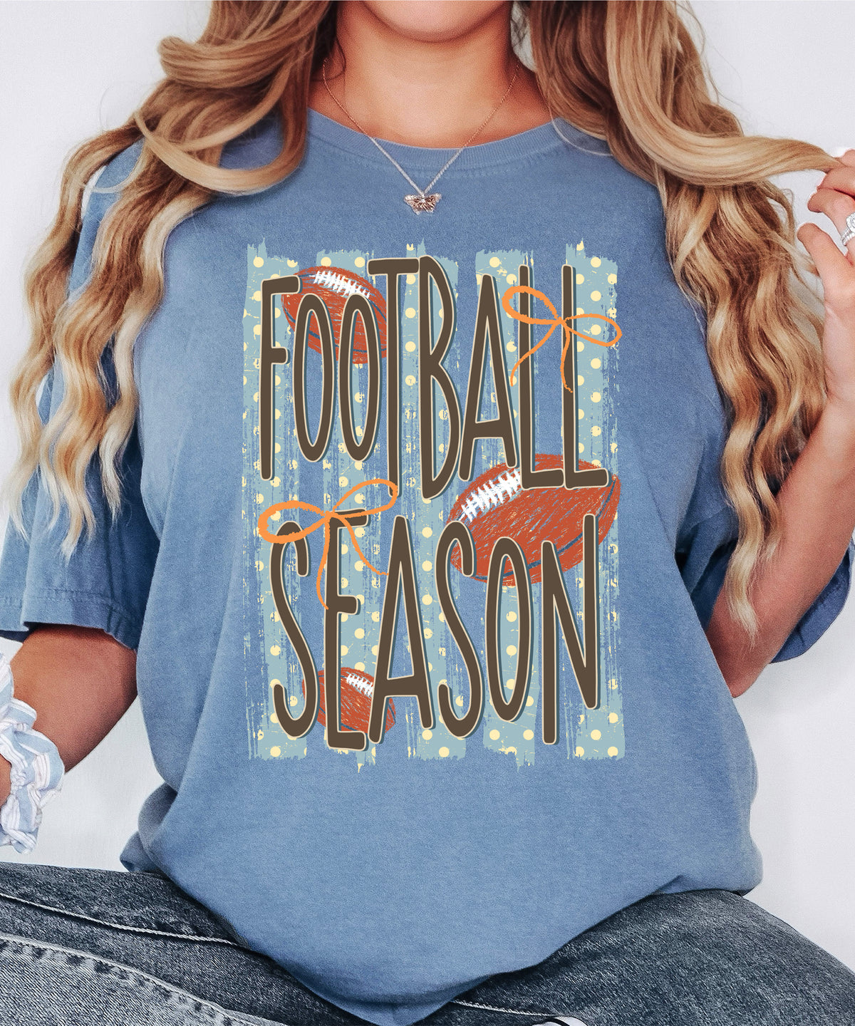 Football Season coquette bow Comfort Colors tee in Blue Jean - view 6
