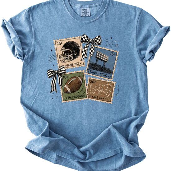 Vintage Football Stamps Coquette Bow Comfort Colors tee in Blue Jean - view 7